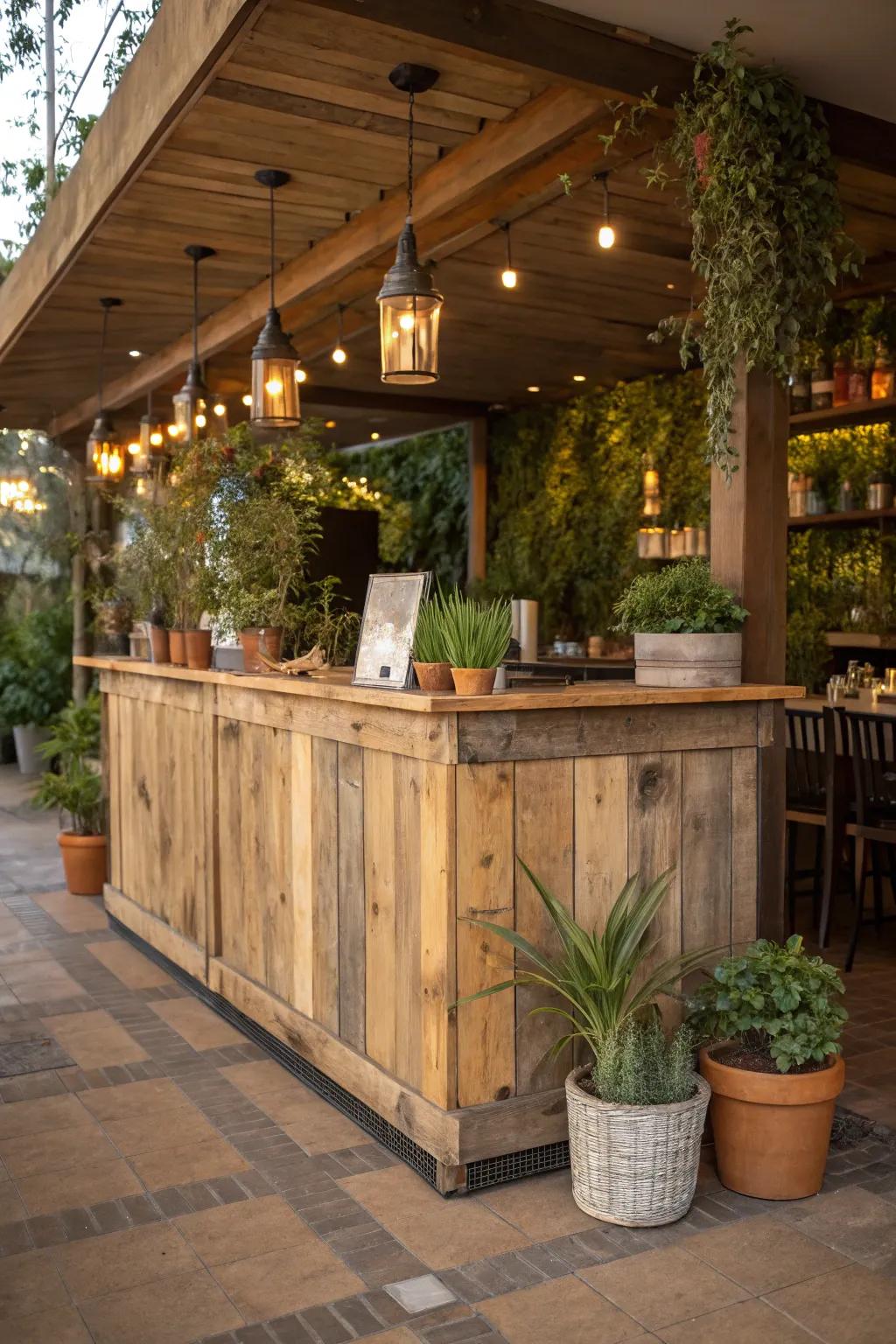 A reception station crafted from salvaged wood adds character and supports sustainability in your establishment.
