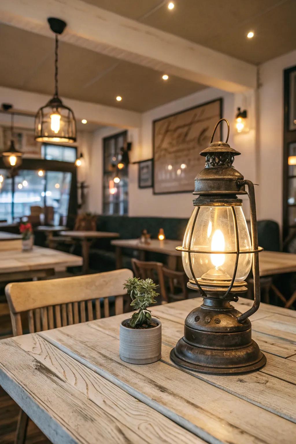 Vintage lantern-inspired table lamp positioned on a rustic wooden table in a restaurant environment.