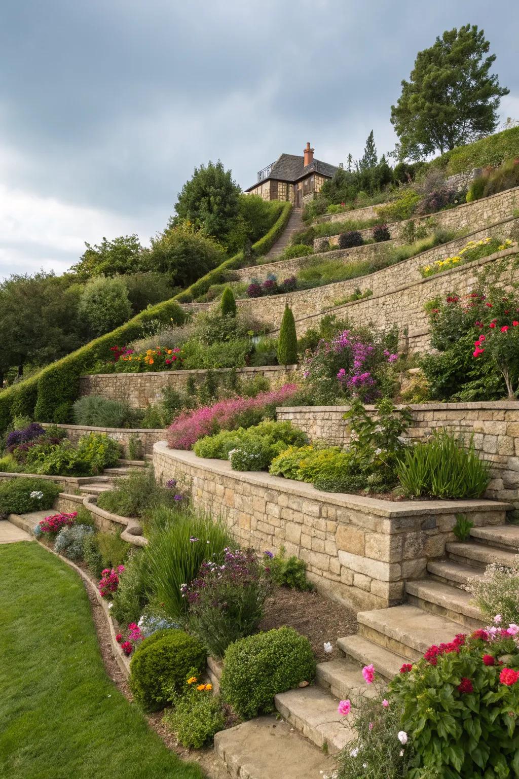 A tiered garden showcasing multiple levels with retaining walls, abundant with varied plant life.