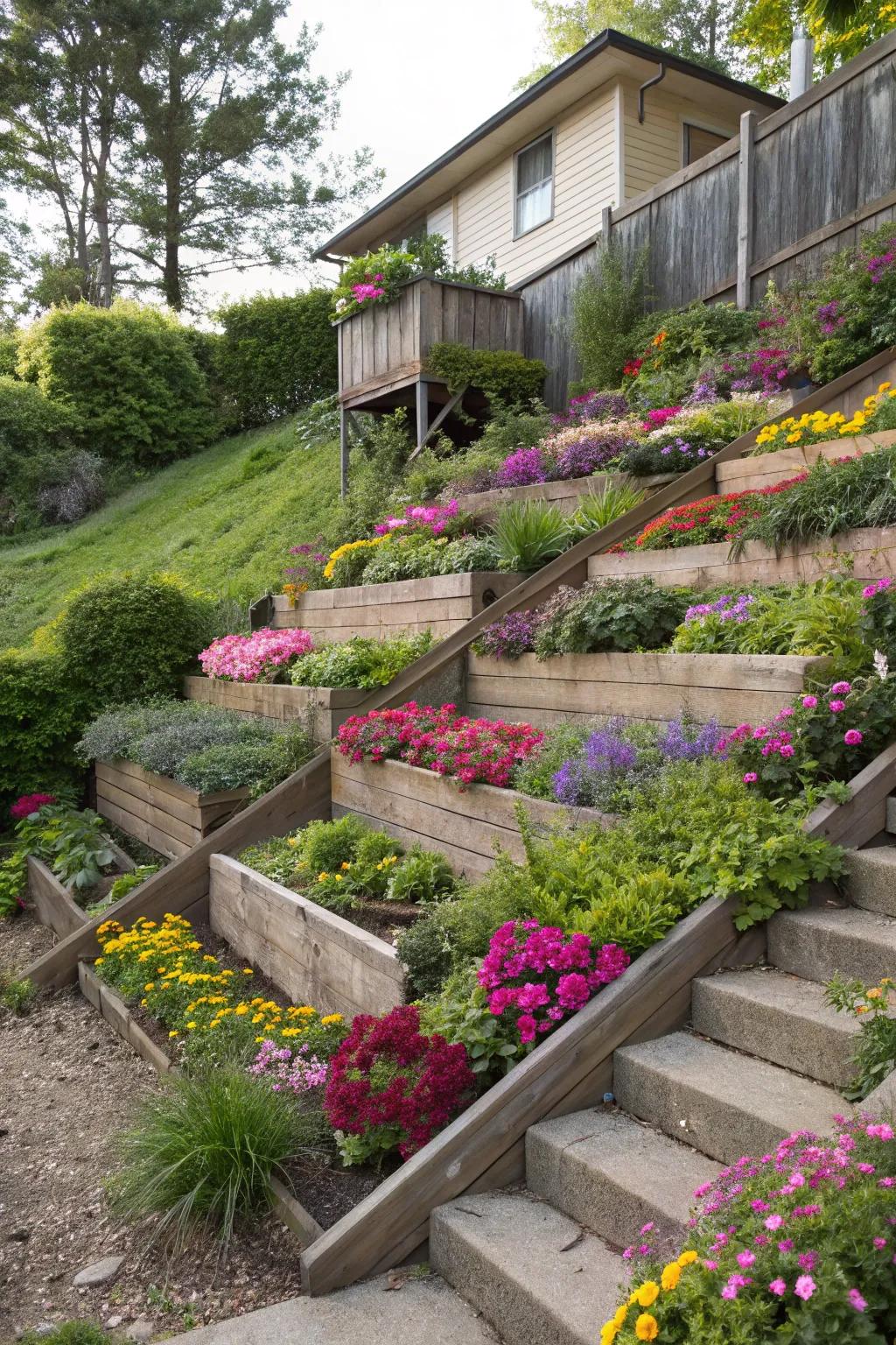 Tiered gardens transform gradients into flourishing, vibrant landscapes.
