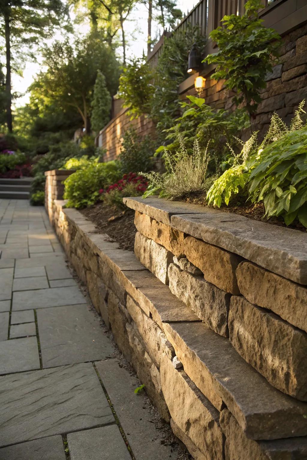 Ageless charm: An organic stone retaining structure that adeptly integrates with the environment.