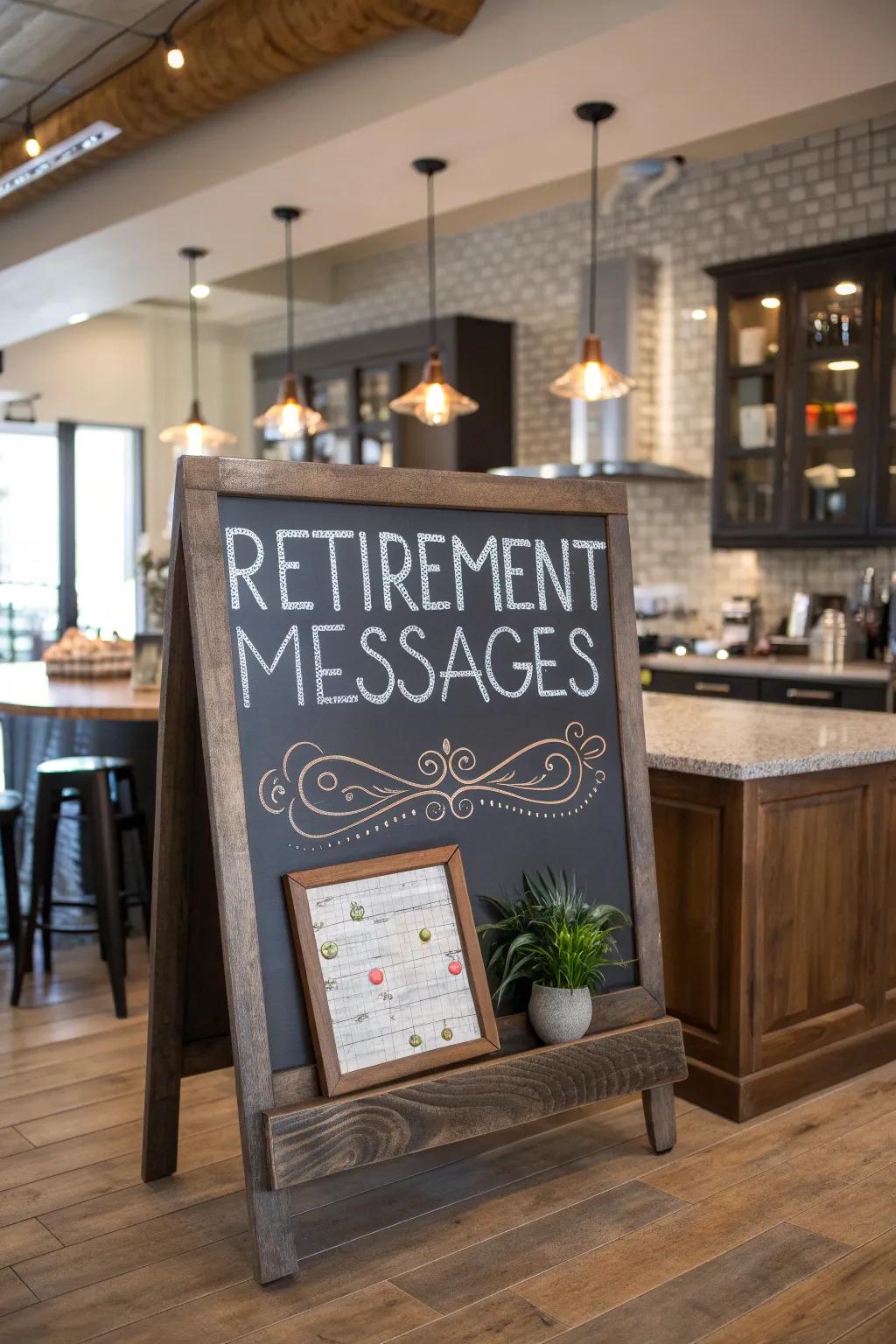 A charming chalkboard sign enhances any retirement festivity.
