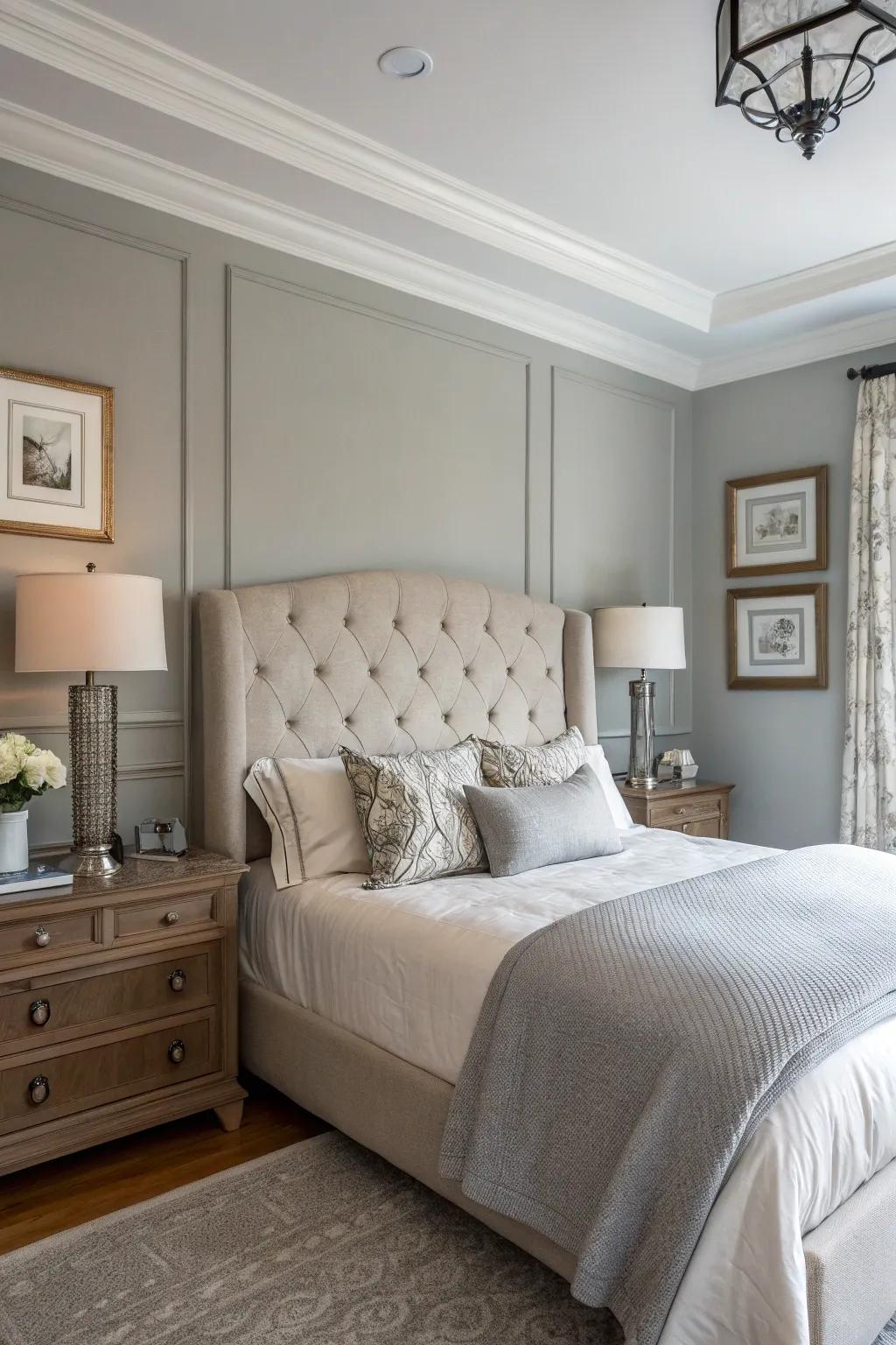 A beautifully chosen upholstered headboard elevates the