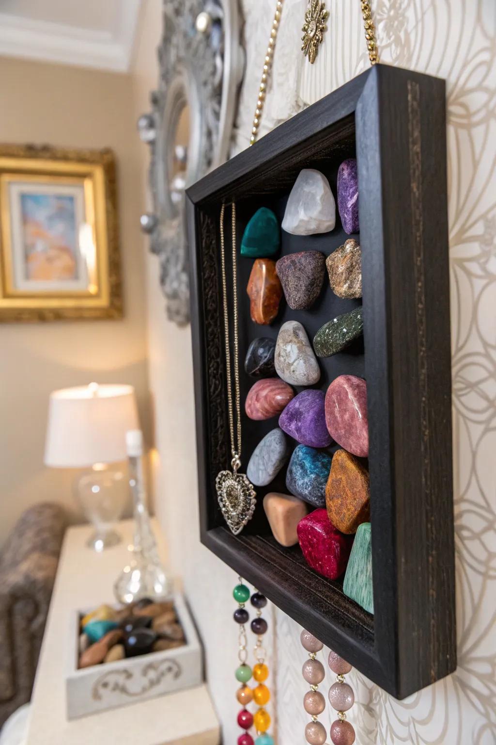 Rocks transformed into a wall exhibit with a display case