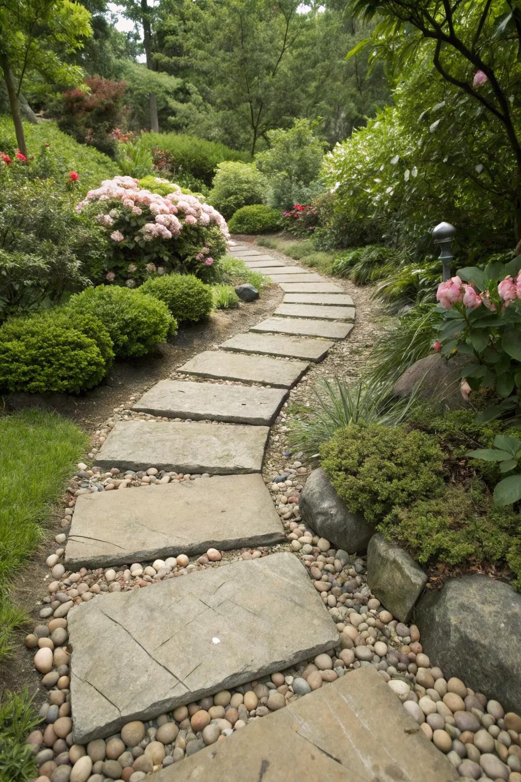 A natural stone walkway beckons discovery amidst exuberant verdure.