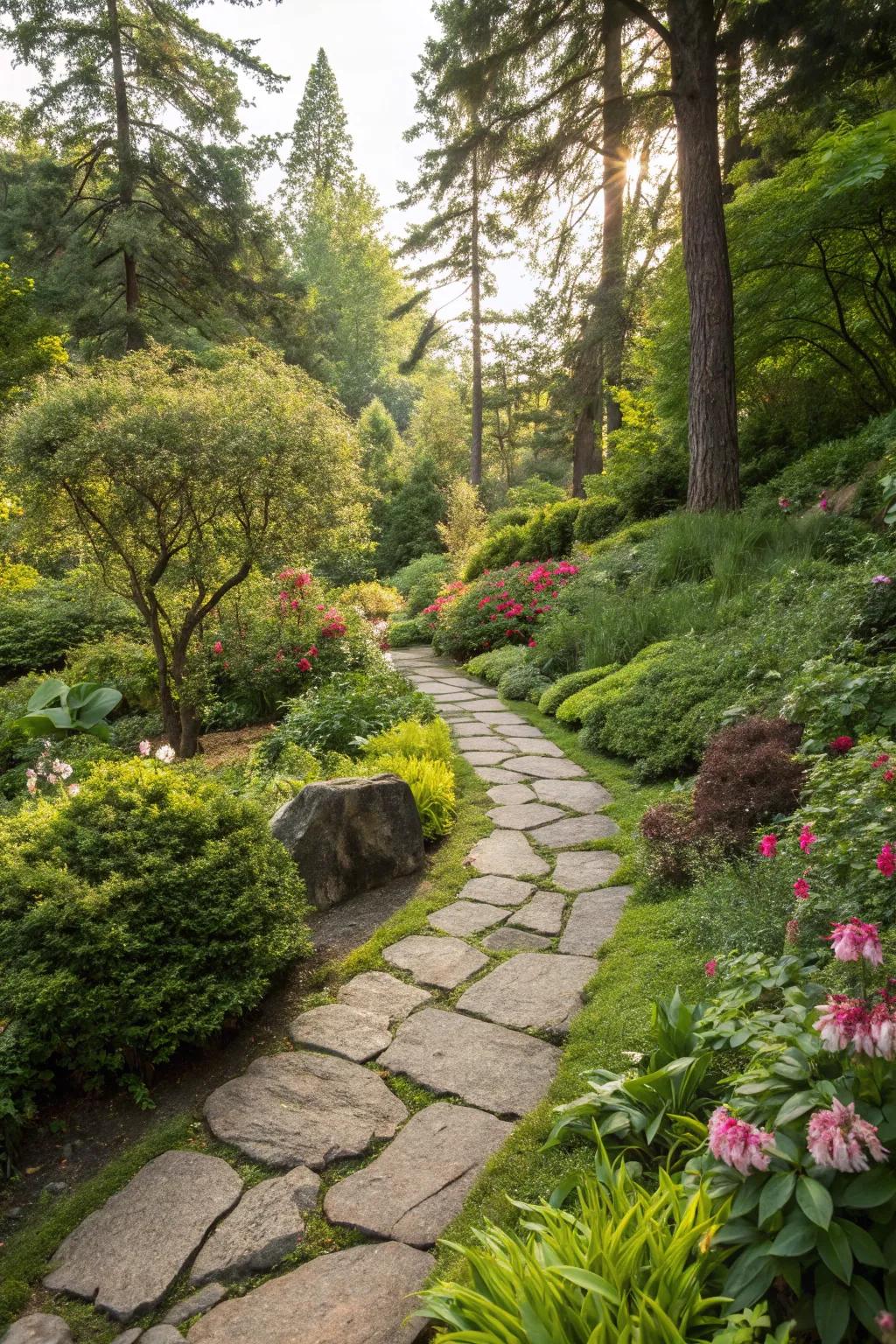 A gently curving stone pathway that invites you through a vibrant and welcoming garden.