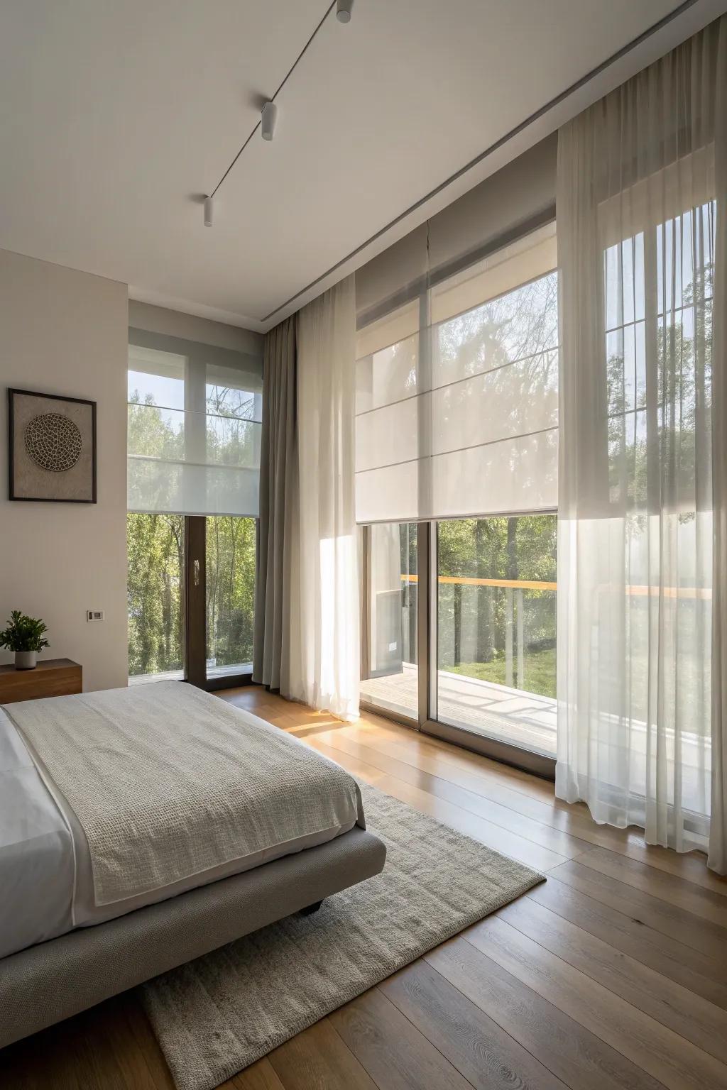 Transparent roller coverings impart a delicate feel to a minimalist bedroom.