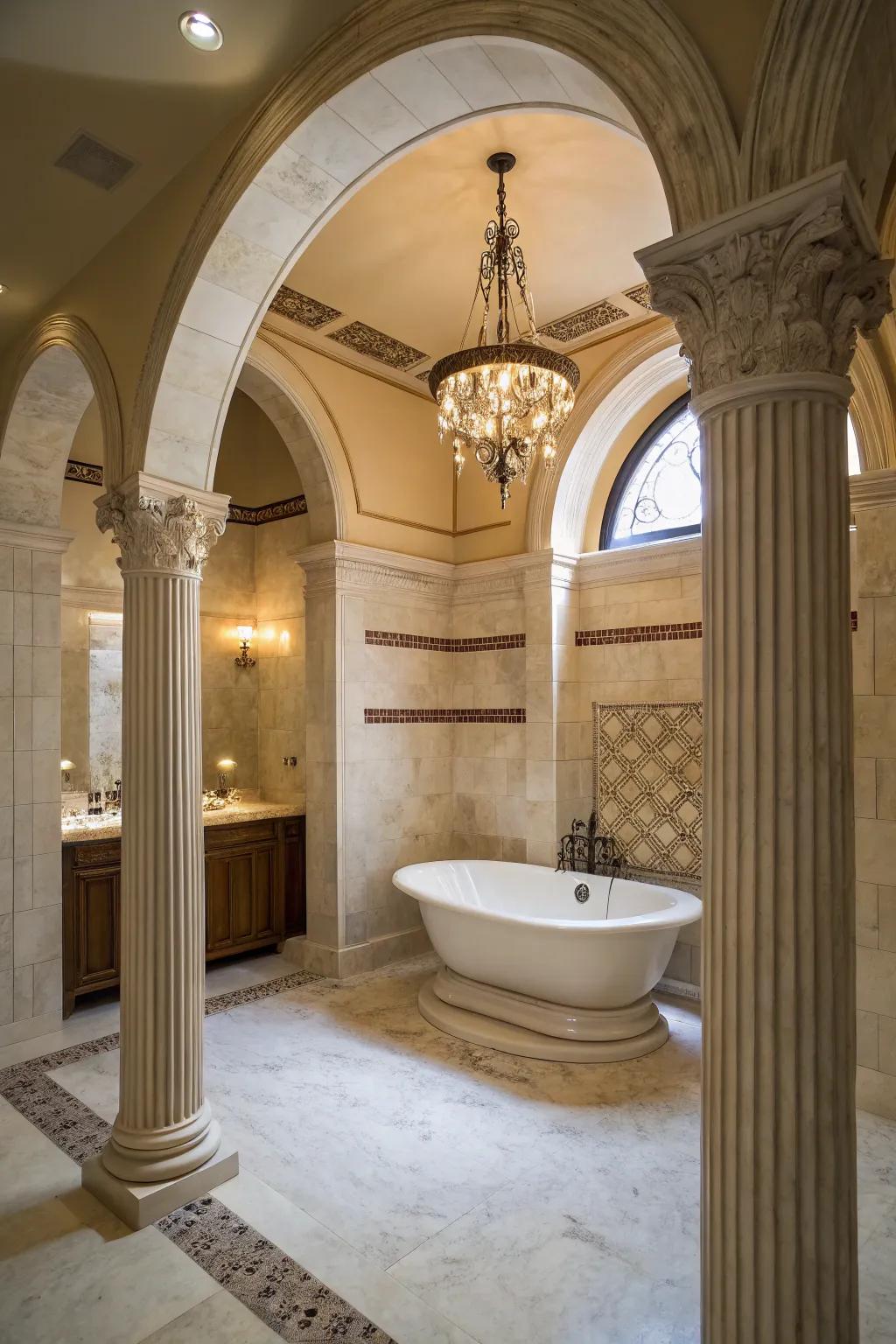 Pillars infuse this gorgeous bathroom with a hint of Roman charm.