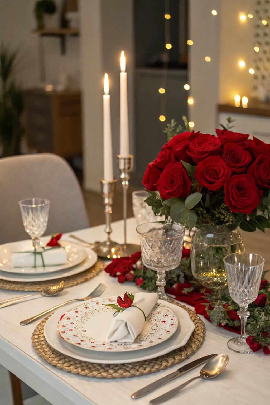 A candlelit dinner sets a warm and intimate ambiance.