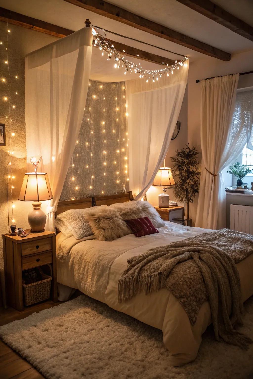 Delicate illumination cultivates a welcoming and toasty ambiance.