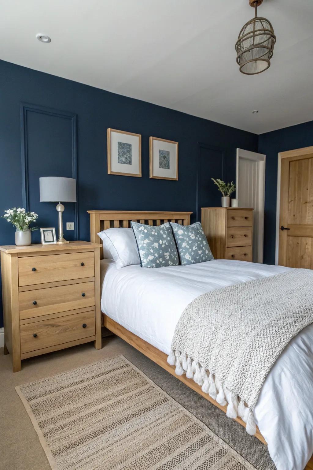 Deep blue walls establish a profound, relaxing setting in any sleeping quarter.