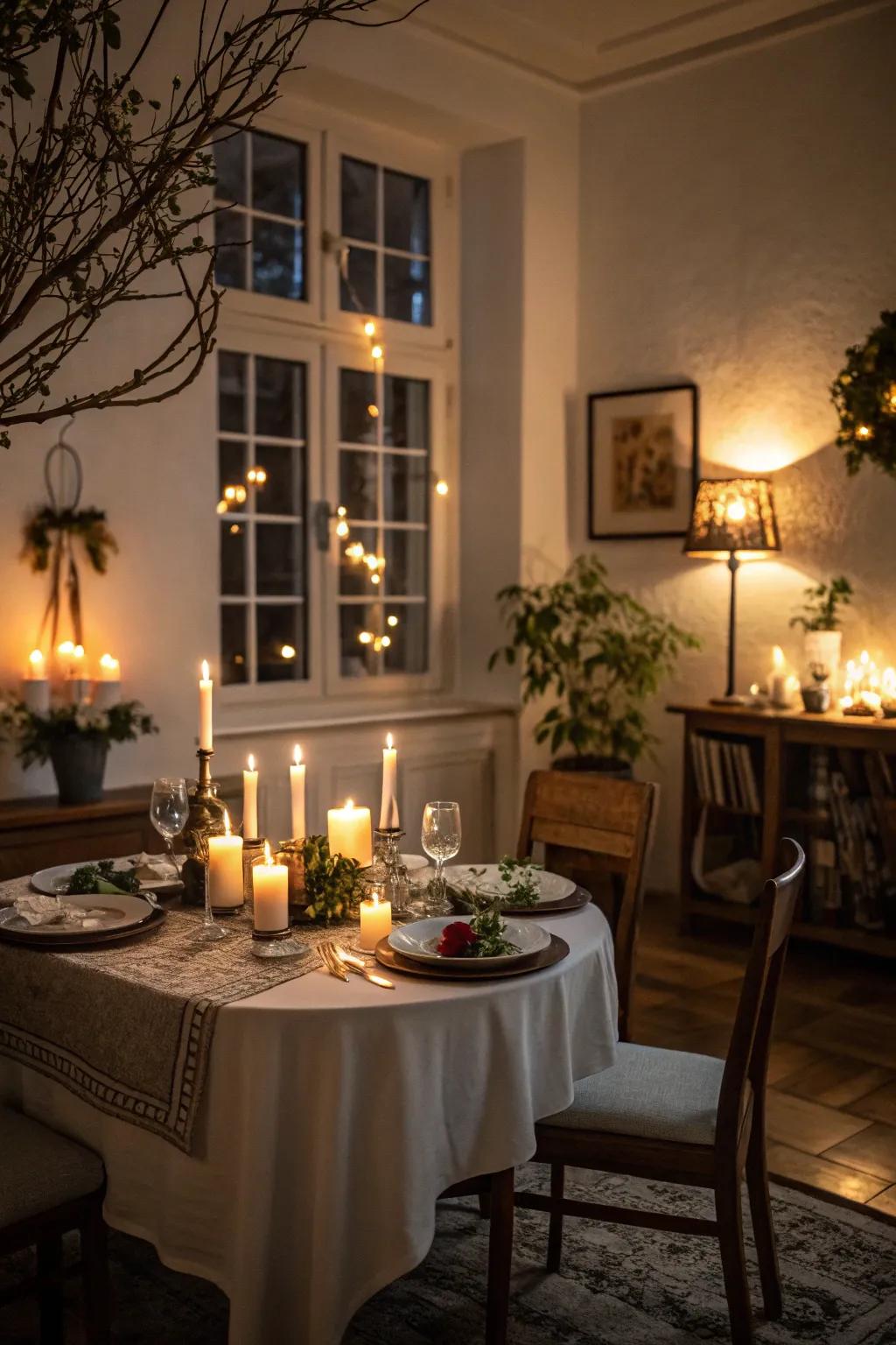 Establish the perfect mood with a dining area aglow from the gentle illumination of numerous candles.
