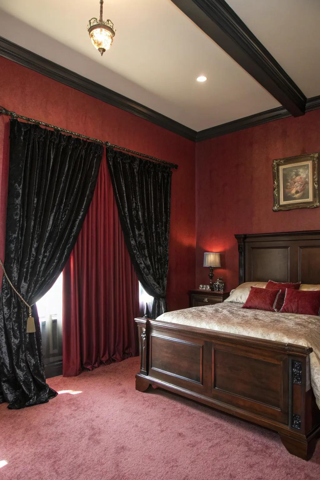 Deep crimson walls and black velvet drapes create a striking Victorian Gothic scene.