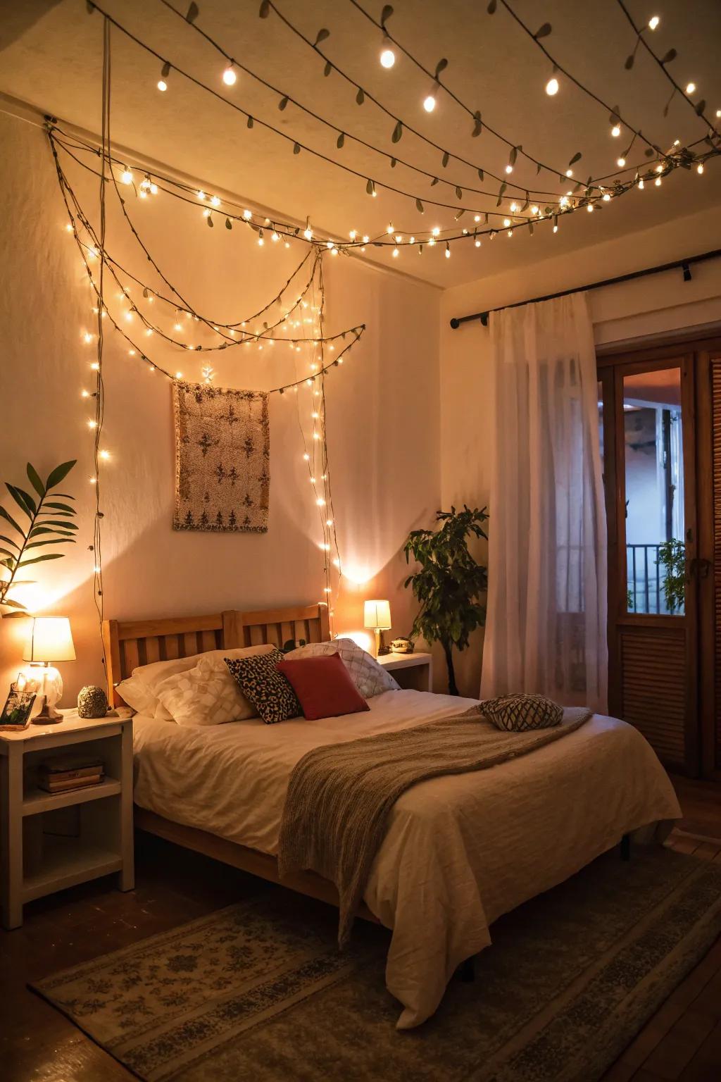 Gentle lighting alters the bedroom into a romantic getaway.