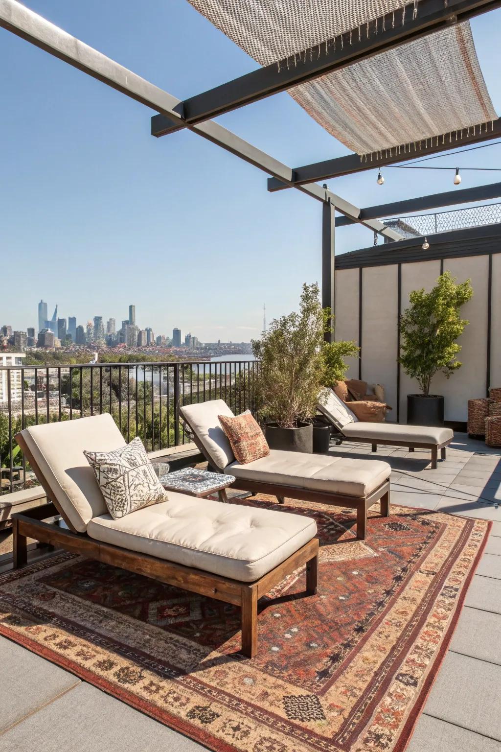 A rooftop relaxation area with comfortable seating.