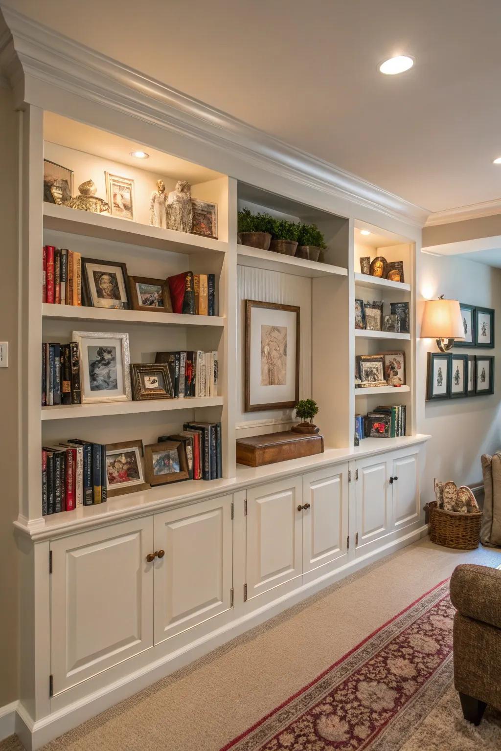 A half wall featuring integrated shelving filled with books and decorative items, acting as a chic room divider.