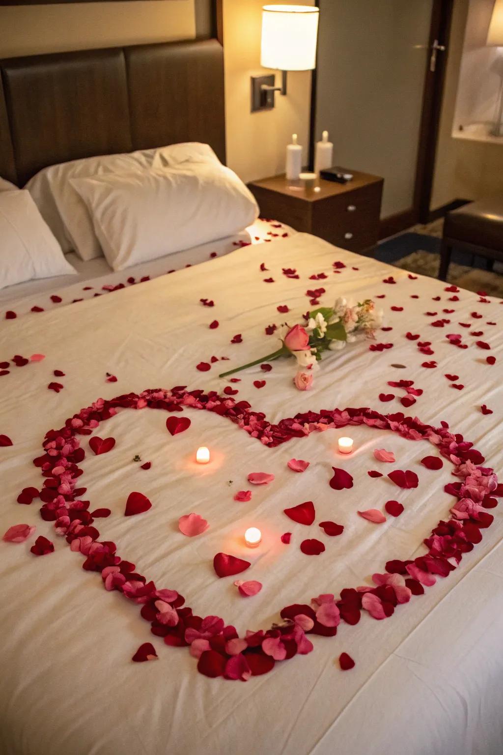 A heart shape created with floral adornments on a bed, setting a romantic scene