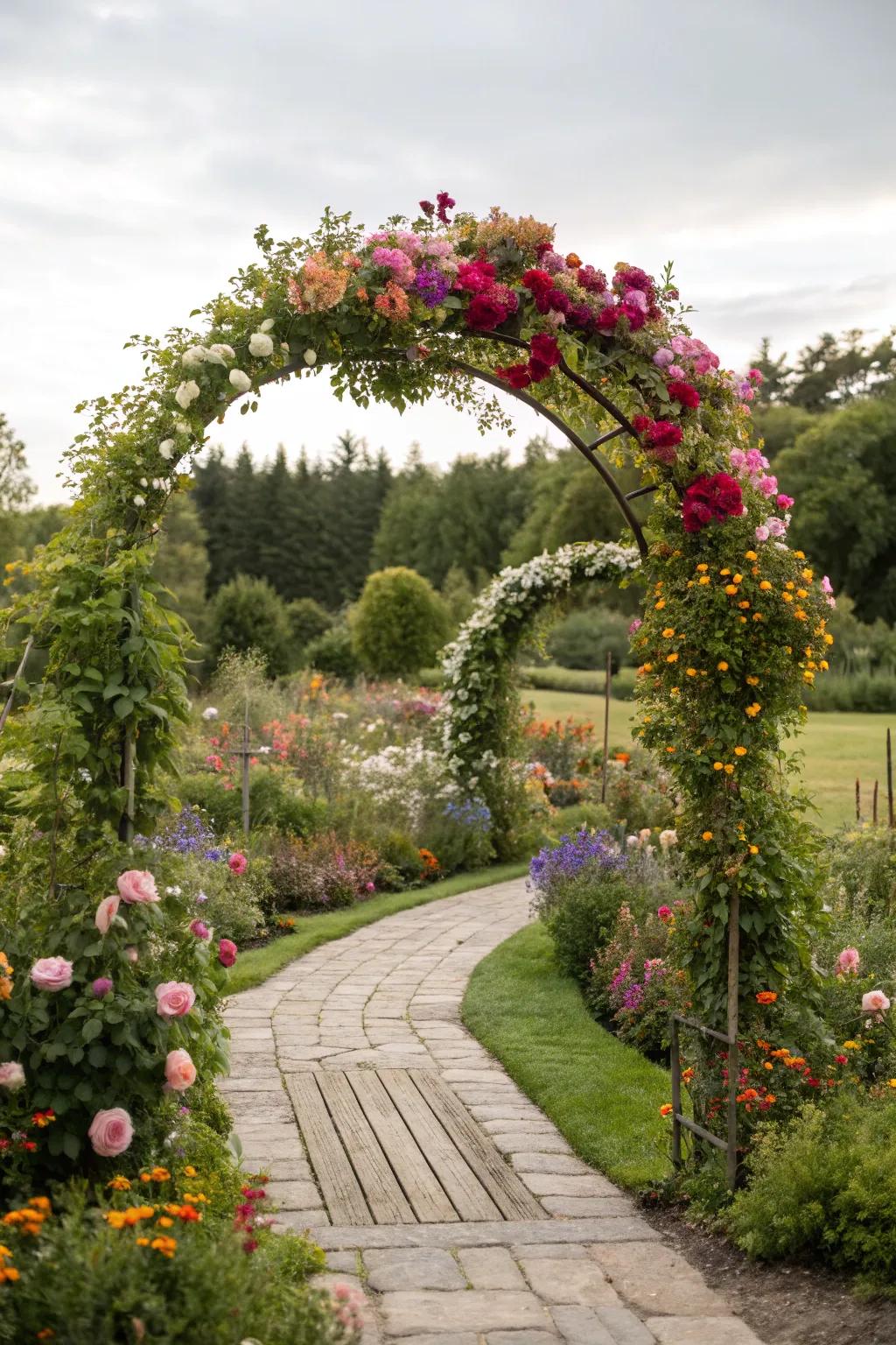 A curved arch altered into a floral spectacle, ideally suited for any outdoor scenery.