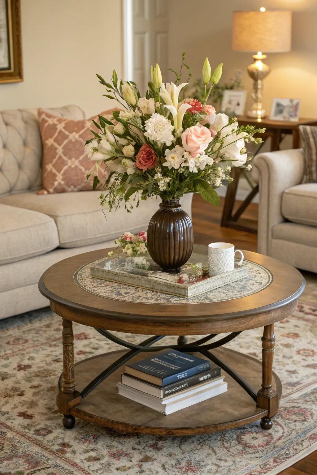 A floral focal point breathes life into your coffee table arrangement.