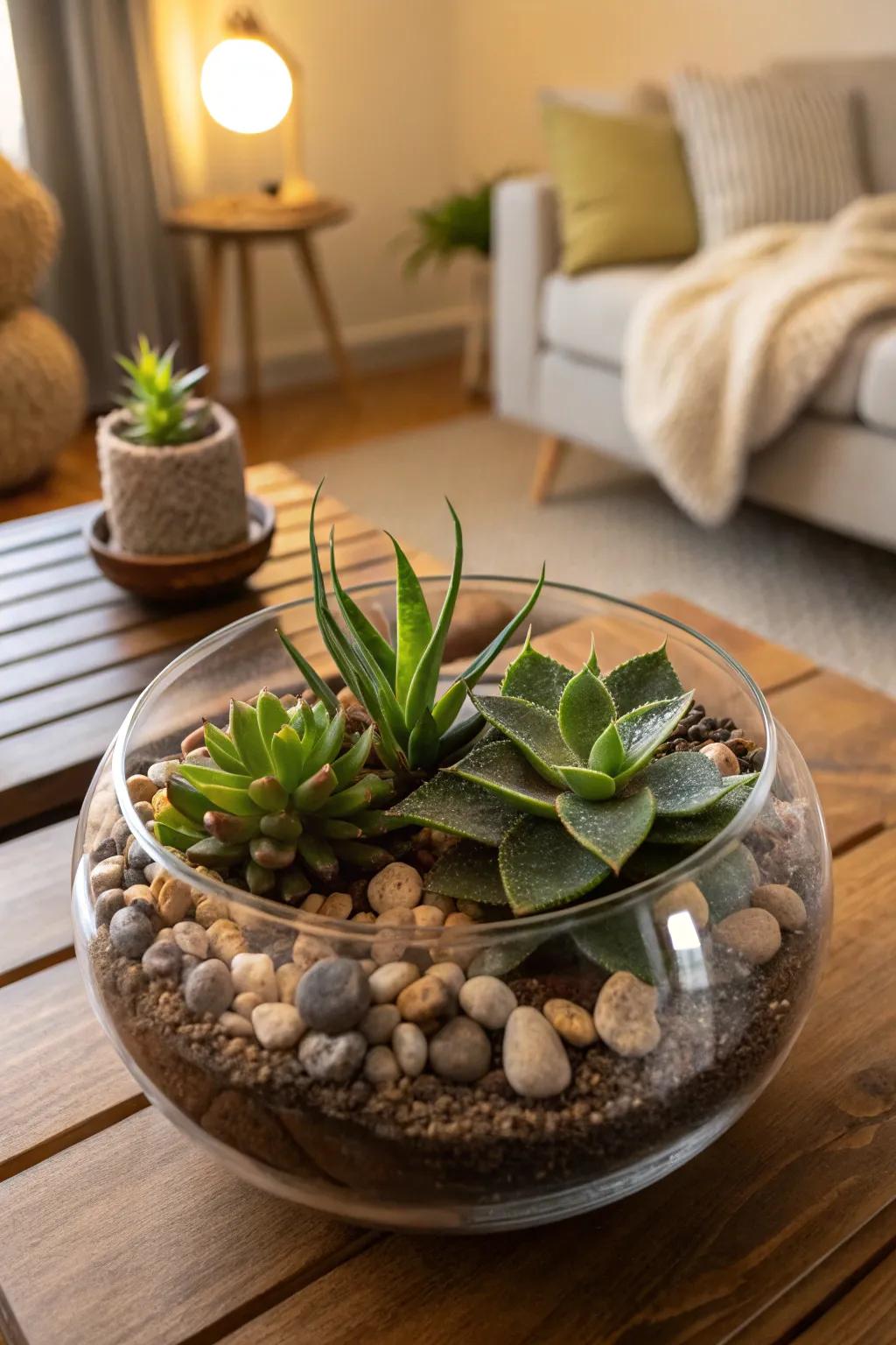 A delightful terrarium displayed in a round glass bowl brings the beauty of nature indoors.