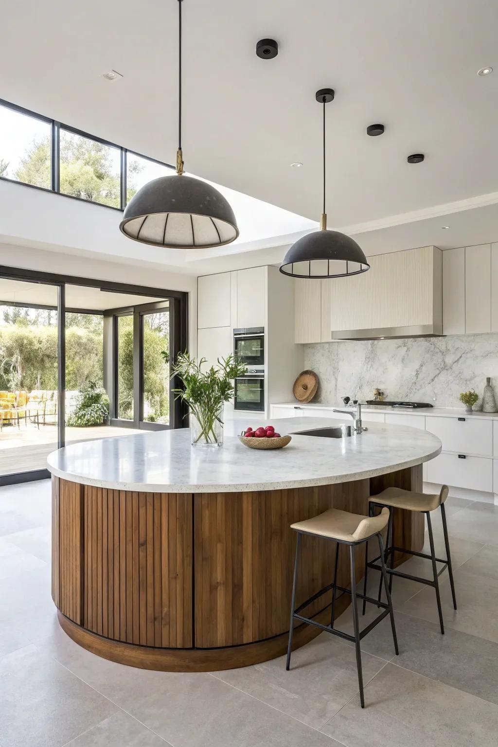 A seamless combination of wood and marble in a circular kitchen island.