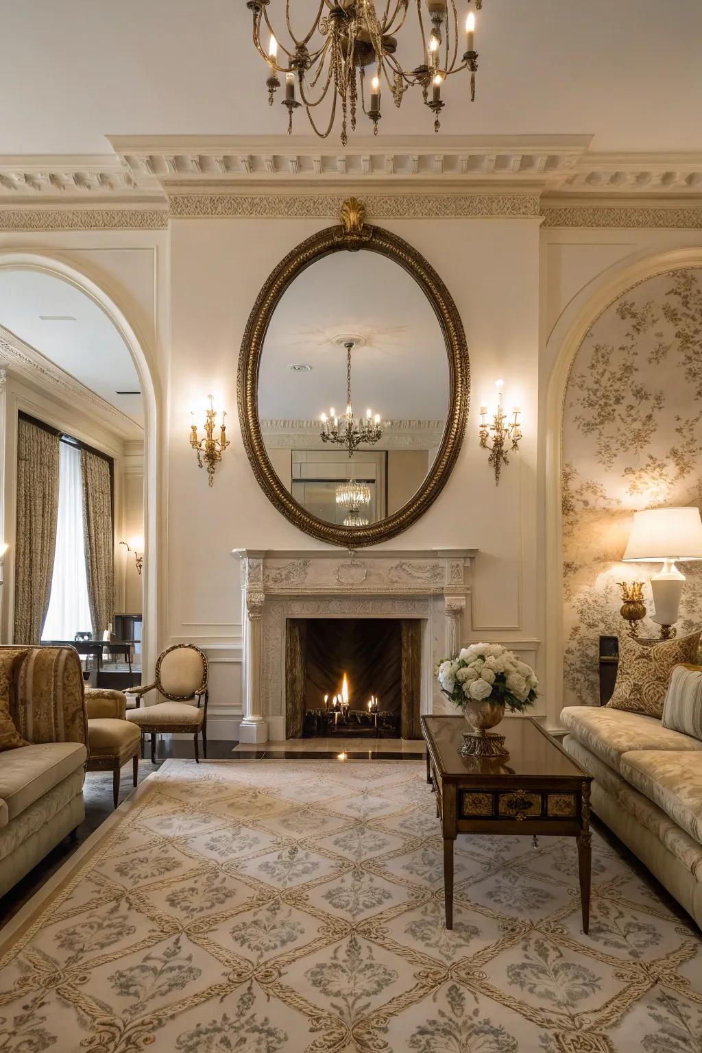 A large circular mirror positioned above a fireplace, creating a striking and expansive impression.