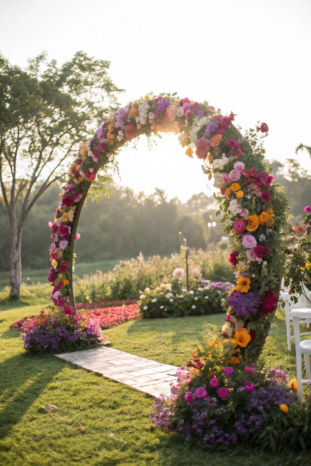 A round wedding arch overflowing with colorful flowers.