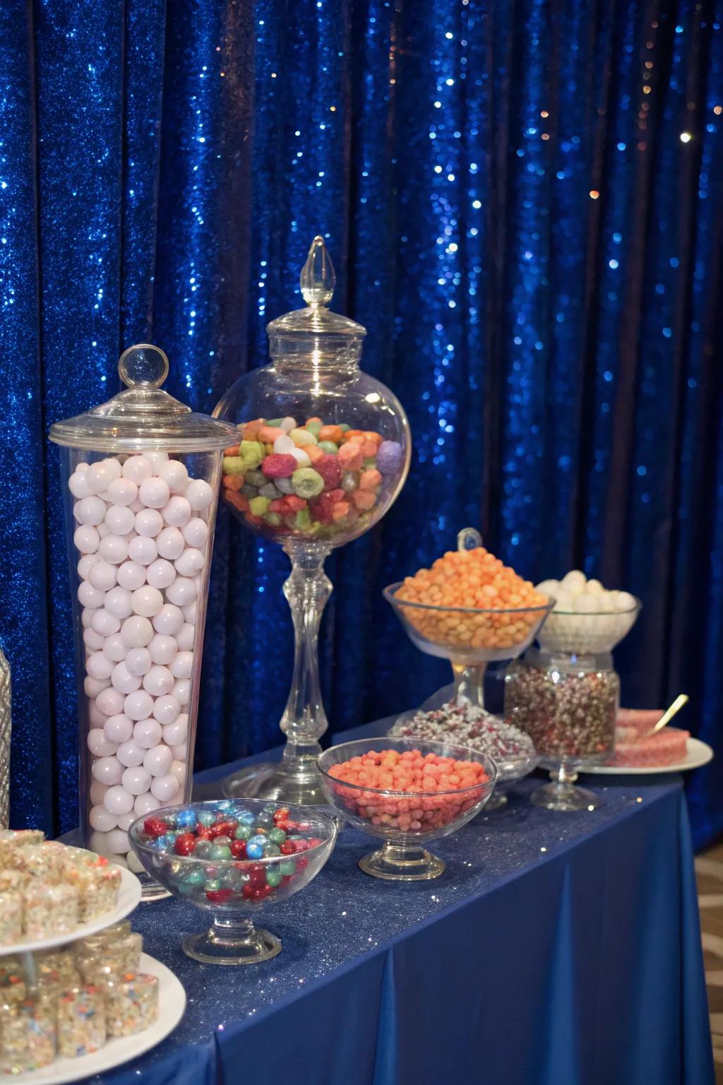 A candy display enhanced with a dazzling royal blue backdrop.