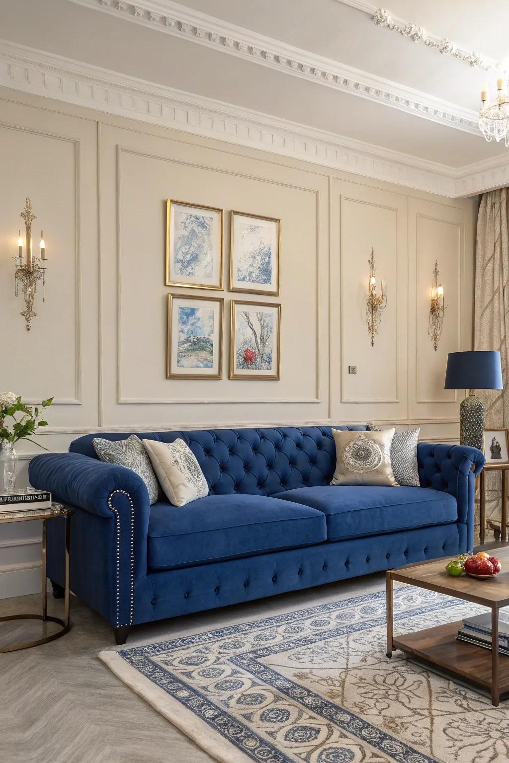 A sapphire sofa makes a bold yet refined statement in any living room.