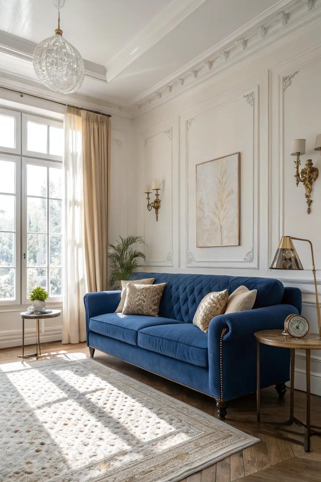 Subdued tones enhance the sapphire-colored couch, resulting in a peaceful and balanced environment.