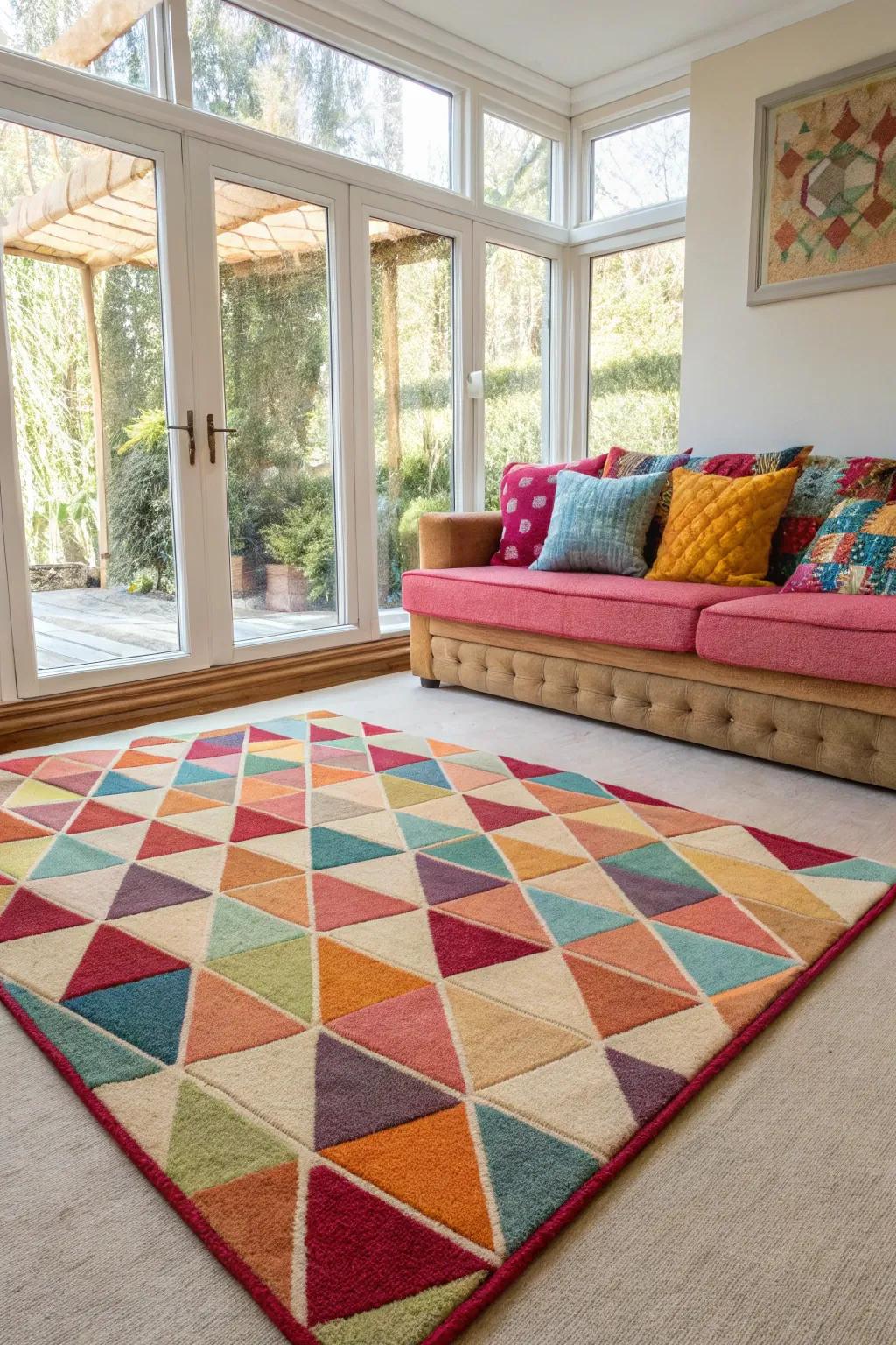 A geometric rug can introduce a lively twist to a plain carpeted floor.