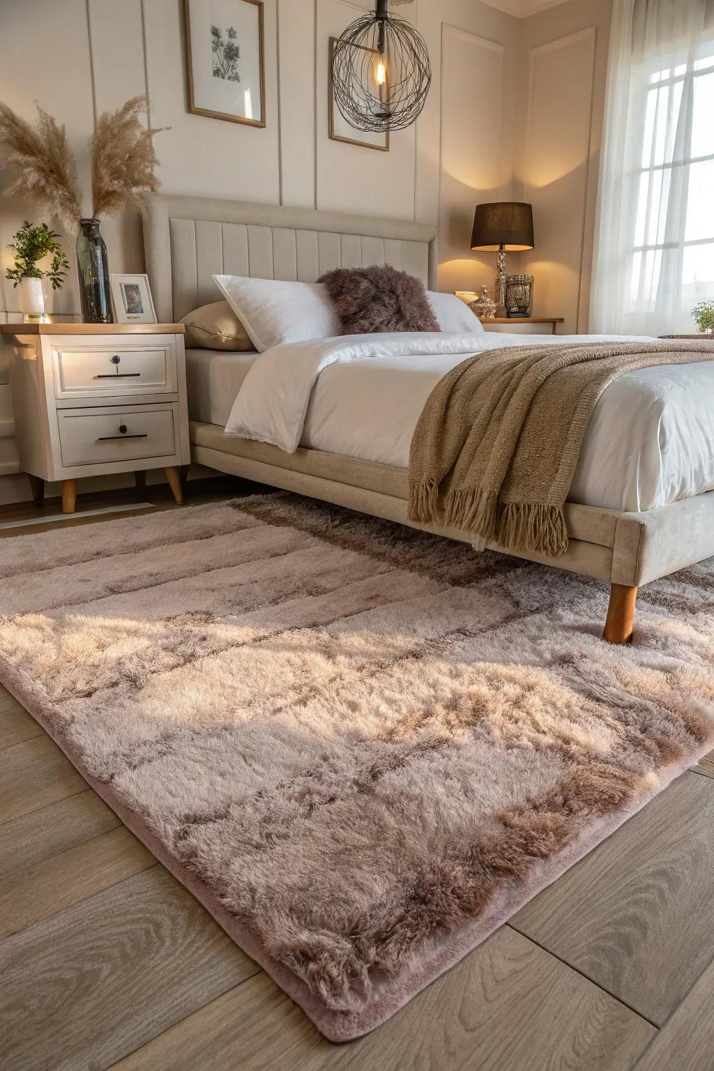 A gentle rug provides additional warmth and comfort to your bedroom retreat.