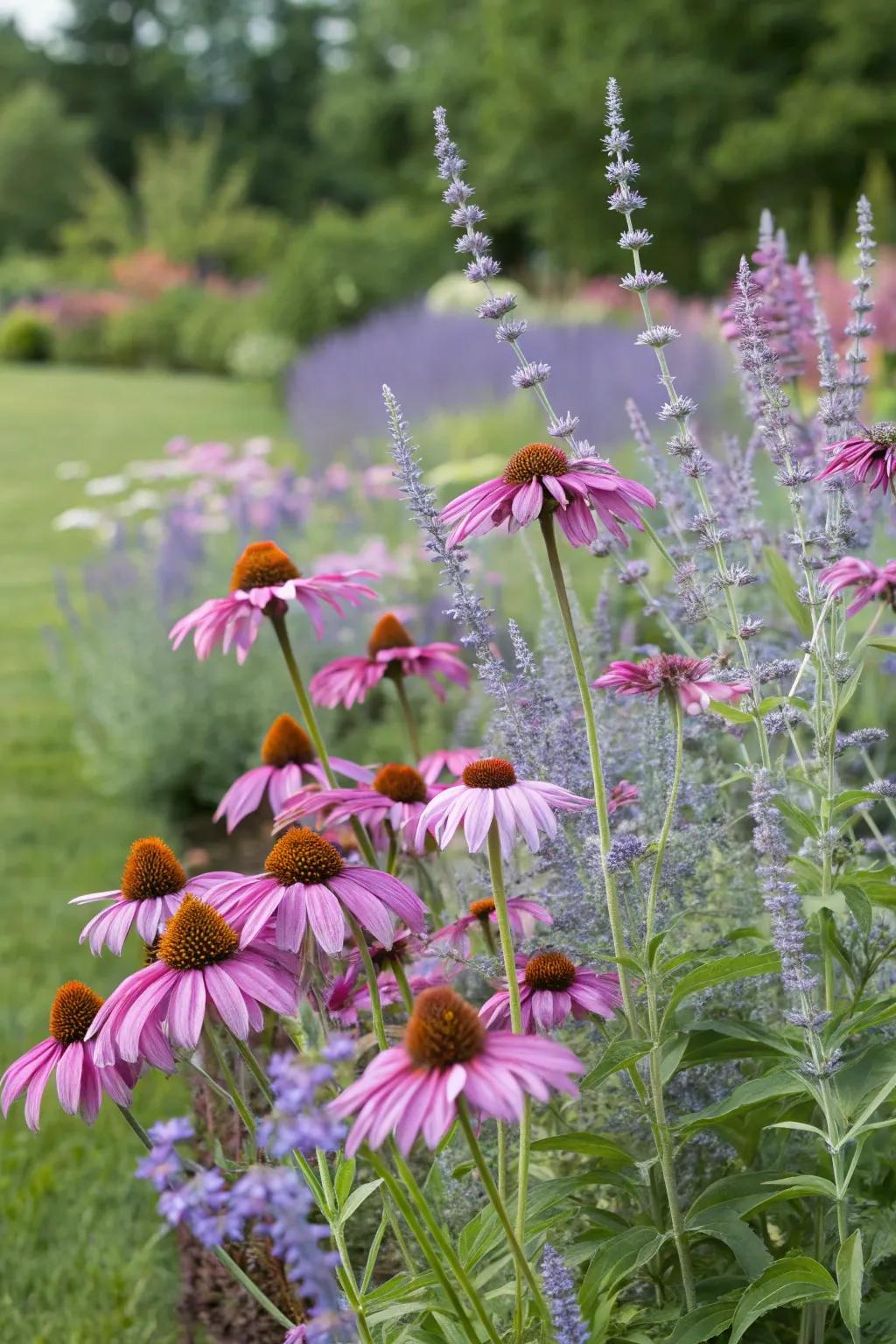 A lively garden vista showcasing Azure blooms paired alongside striking purple echinaceas.