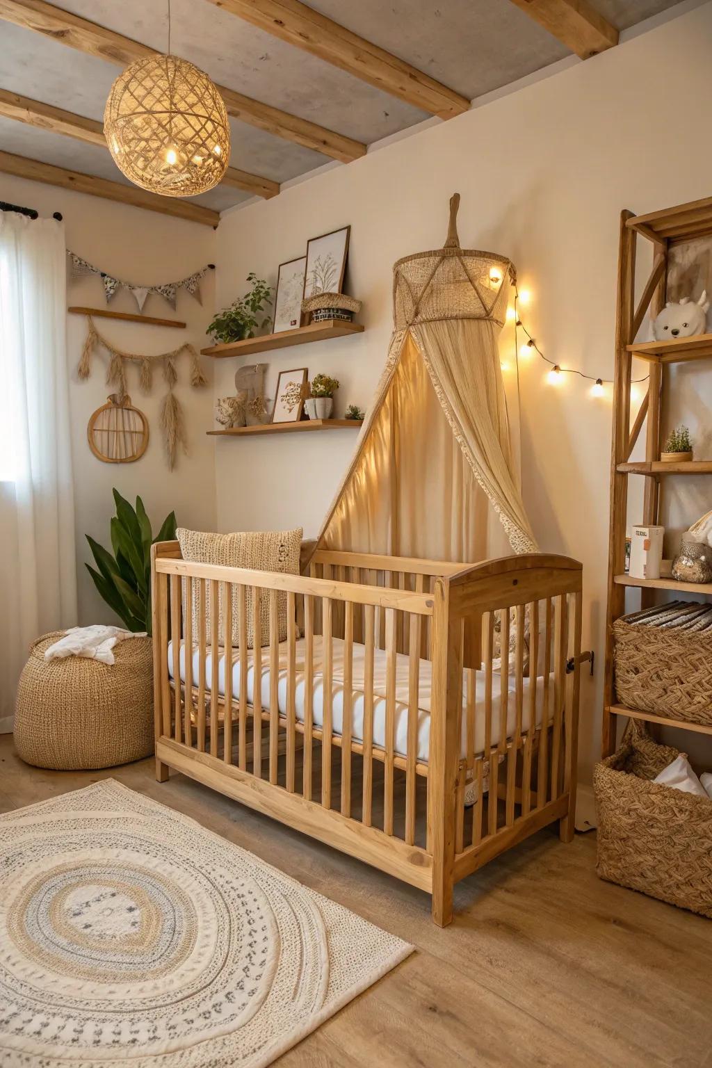 Natural wood tones create warmth and charm in the nursery.