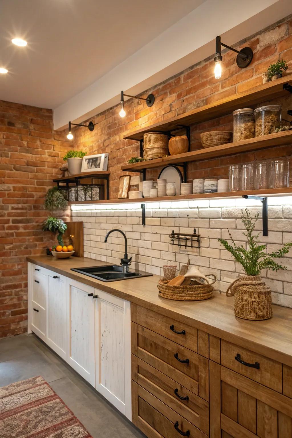 A rustic kitchen showcasing an exposed brick backsplash.