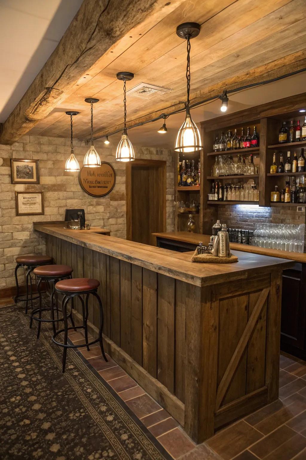 A bar surface crafted from repurposed wood, infusing the area with warmth and heritage.