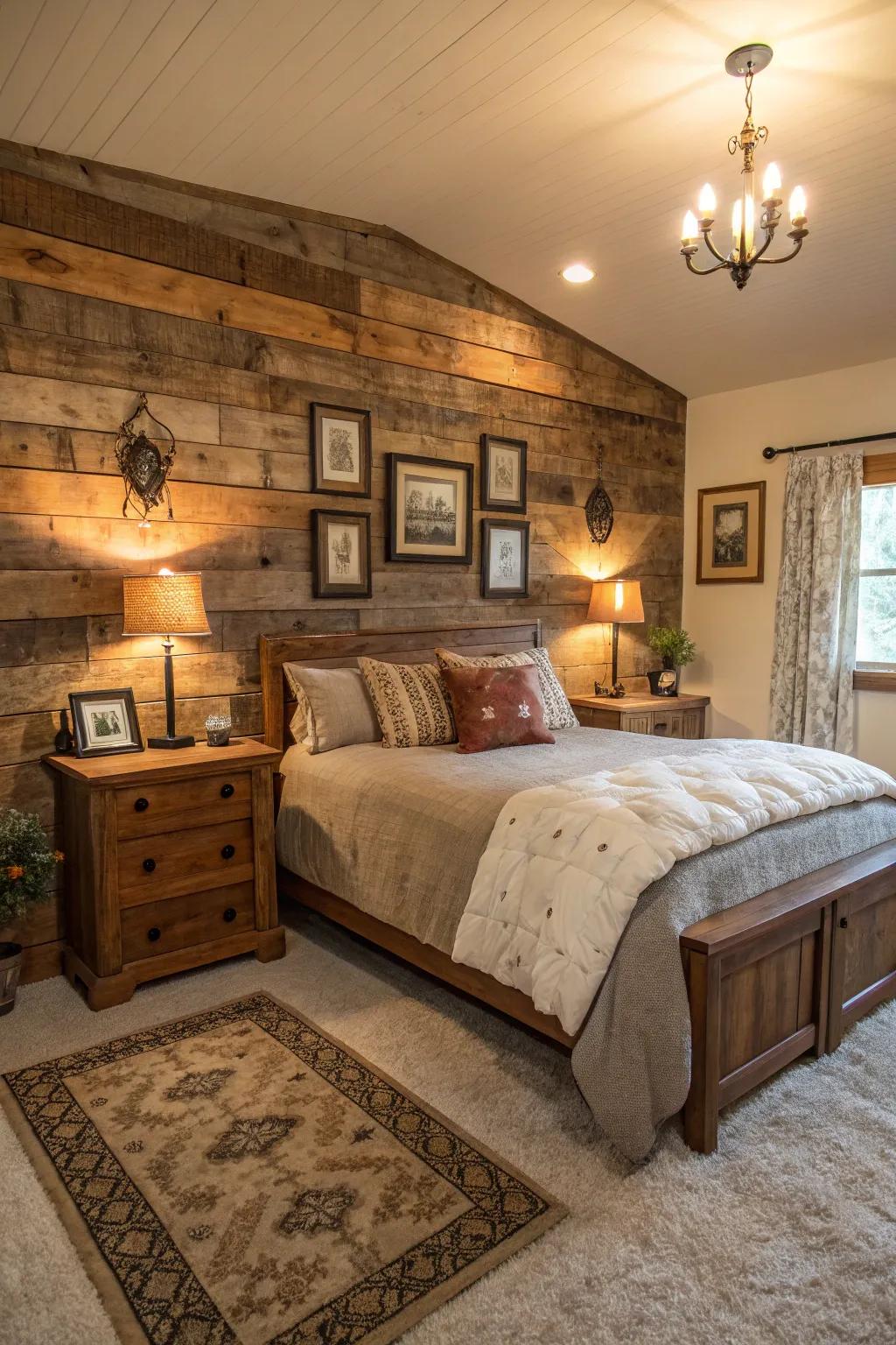 A bedroom featuring a stunning reclaimed wood accent wall.