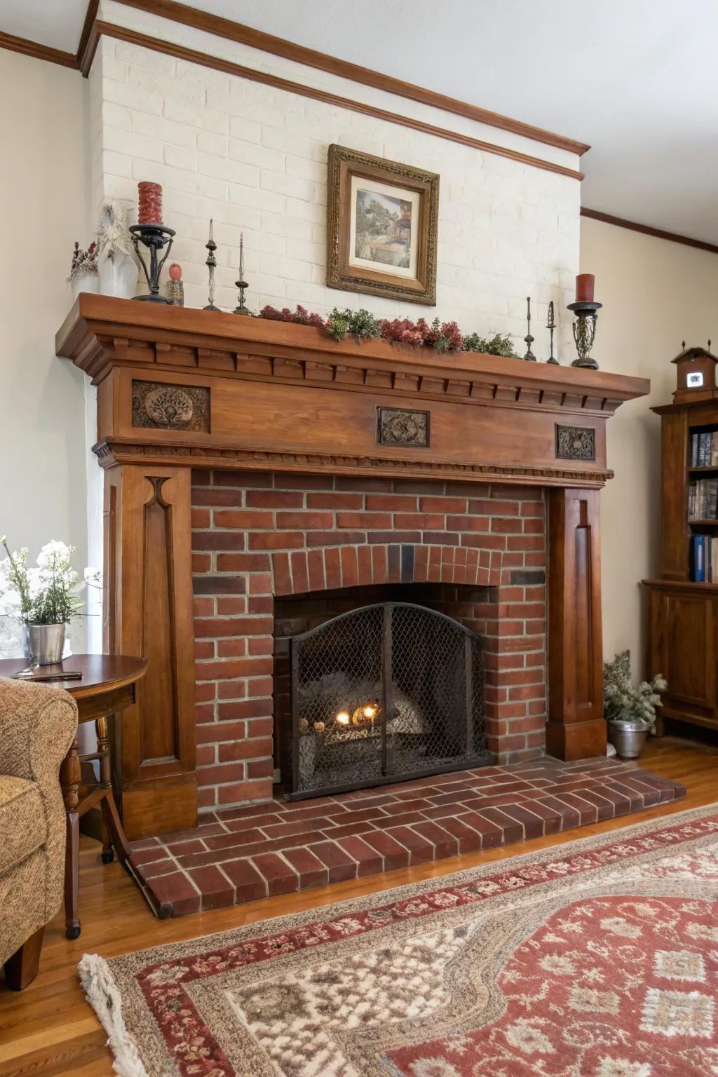 A quintessential red brick fireplace, brimming with warmth and a nostalgic aura.