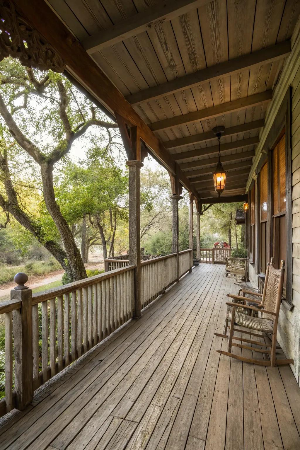 Earthy timber finishes lay the groundwork for an intimate, rustic porch.