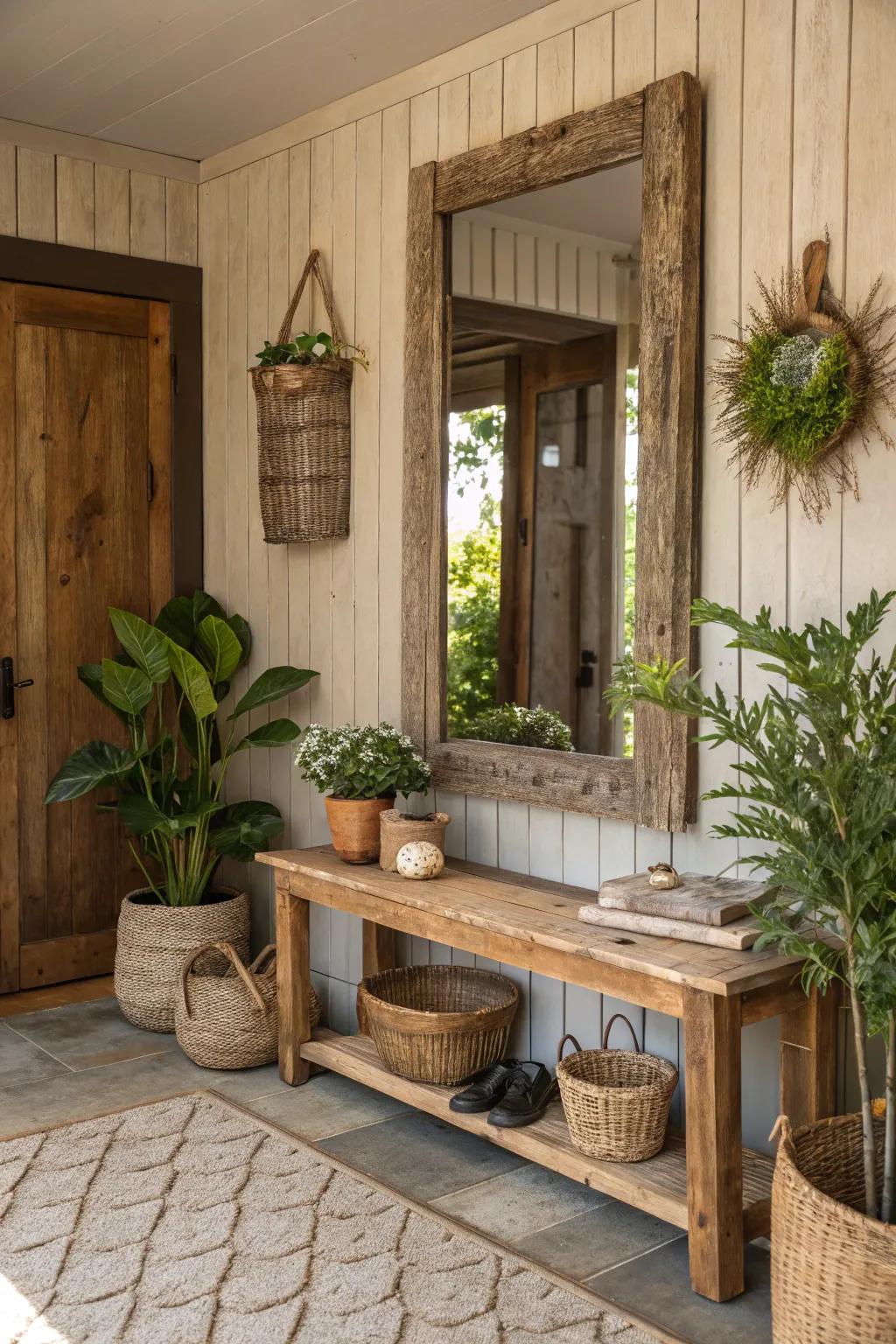A hallway showcasing a mirror encircled by recovered lumber.