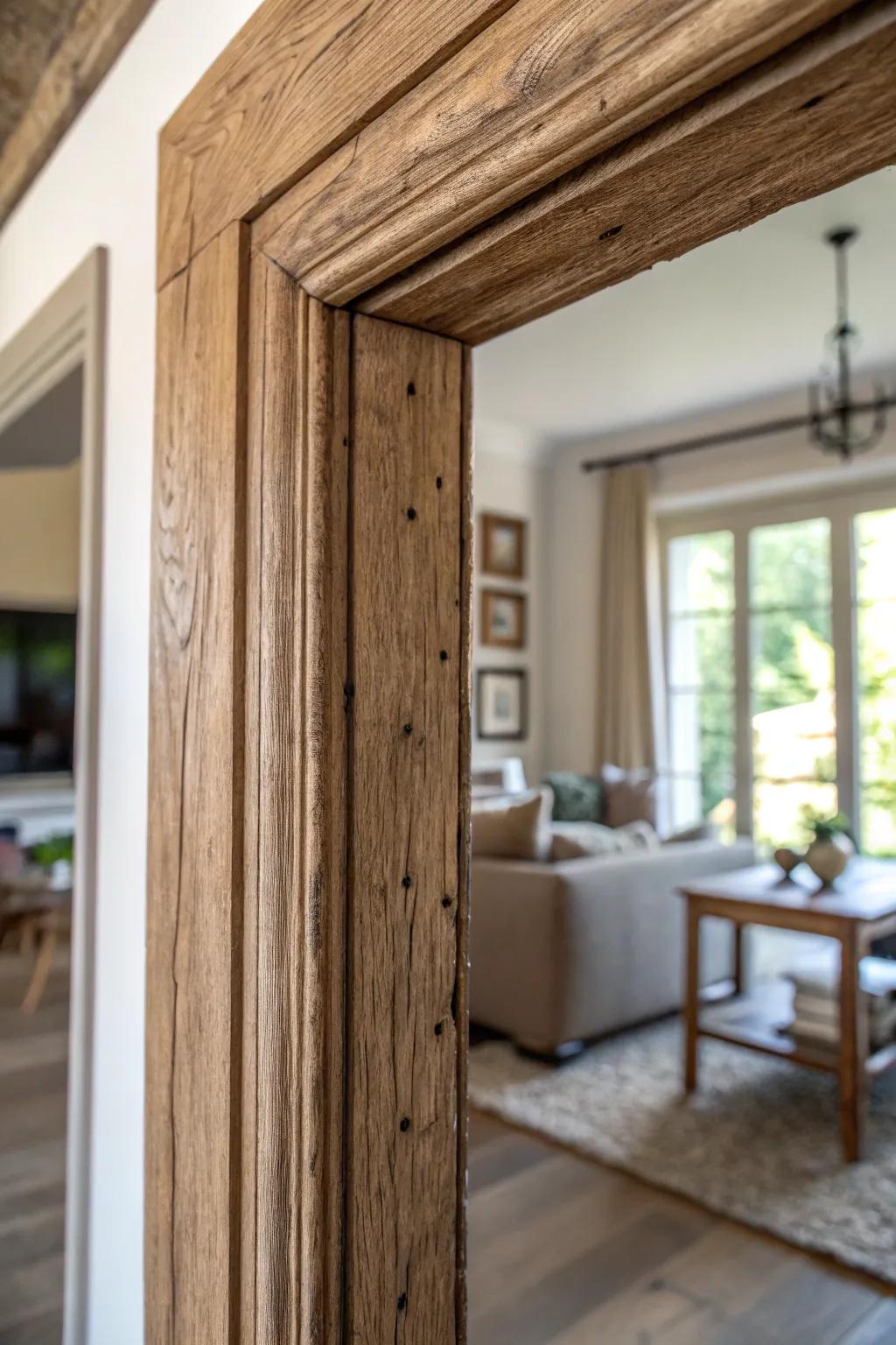 A door frame displaying the finesse of raw wood tones, emphasizing grains and textures.