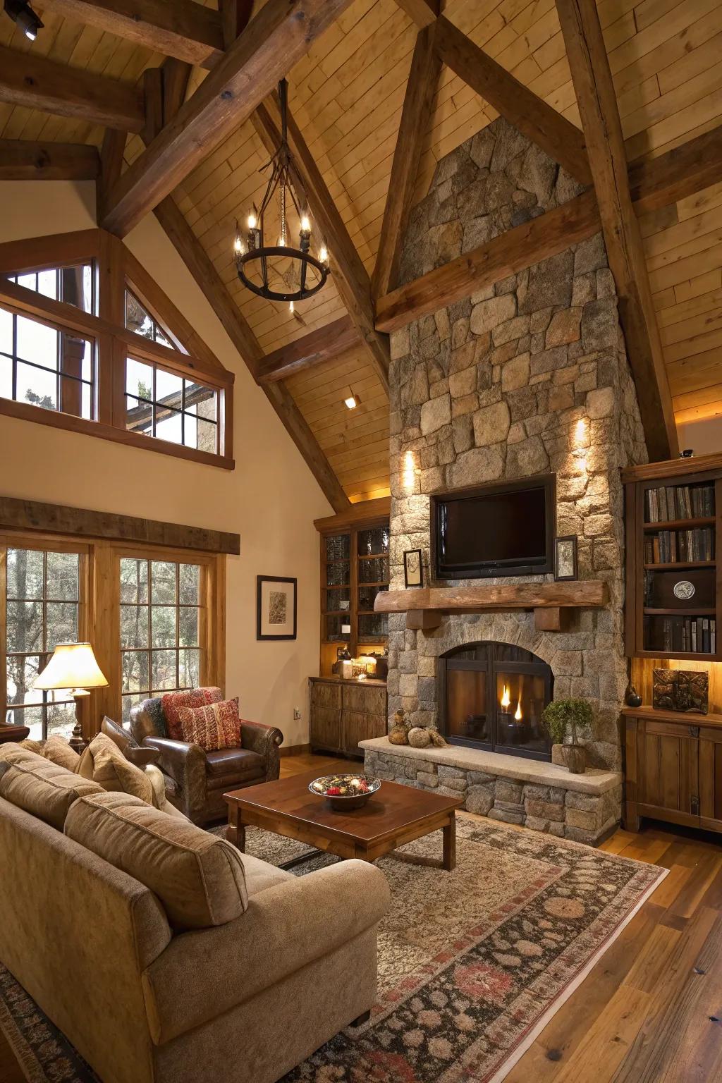 A countryside family room showcasing natural wooden support structures and a stone hearth.