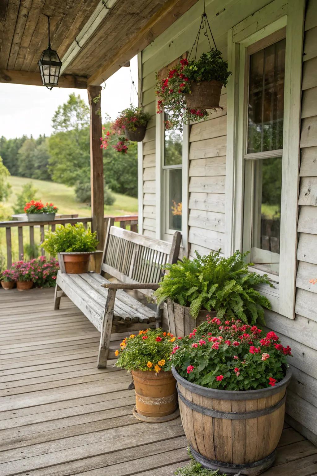A welcoming wood seat offers a relaxing space on this farmhouse porch.