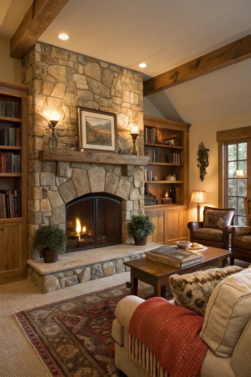 A living room displaying the inherent splendor of a stone fireplace.