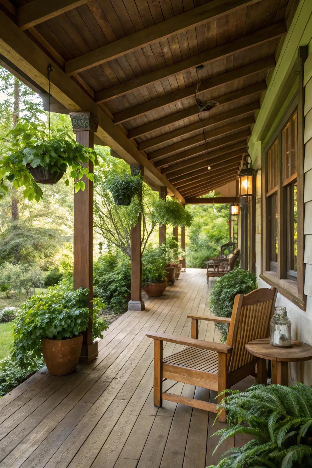 Natural wood beams and flooring fashion a welcoming porch environment.