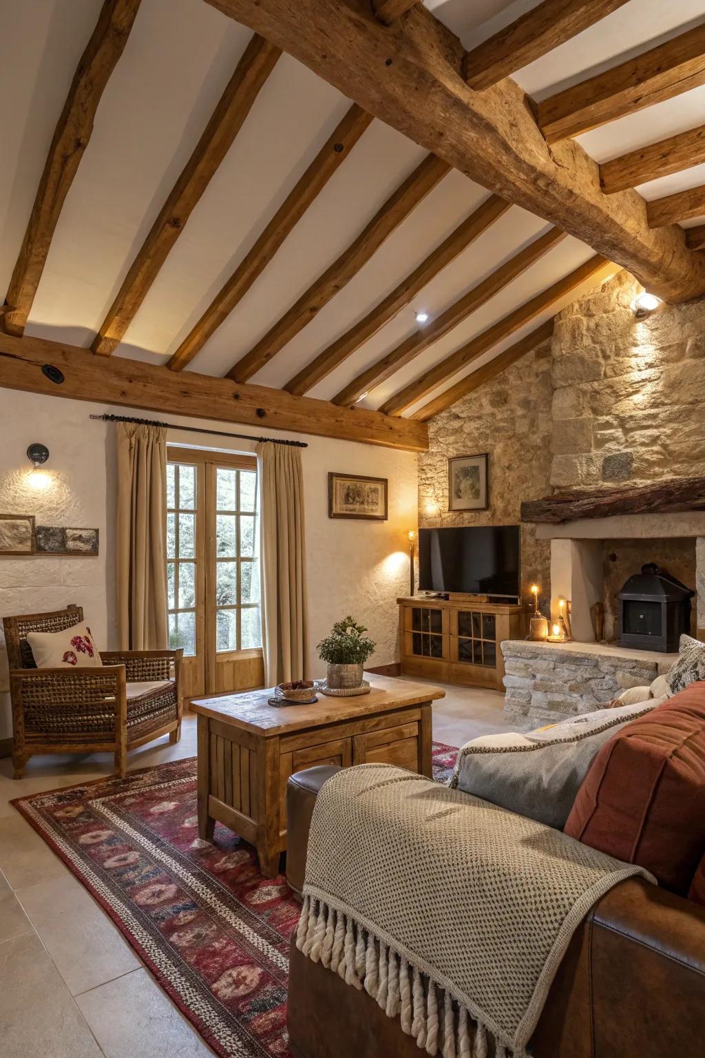 Exposed timber beams enhancing a rustic living space.