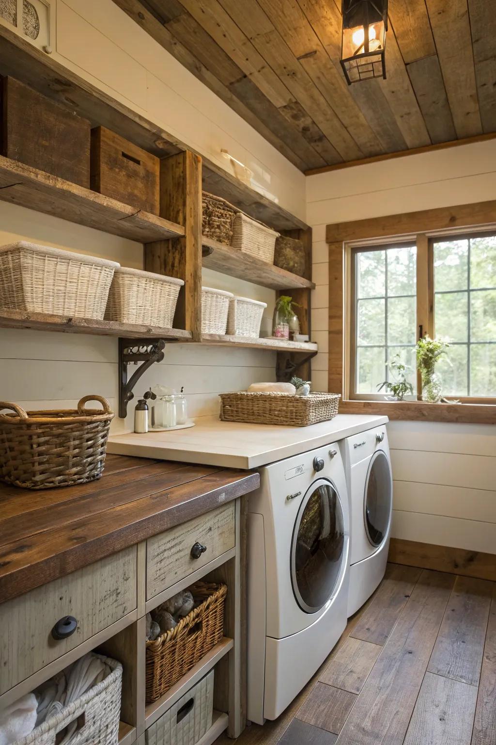 Repurposed wood counters and shelves infuse the laundry room with warmth and a sense of history.