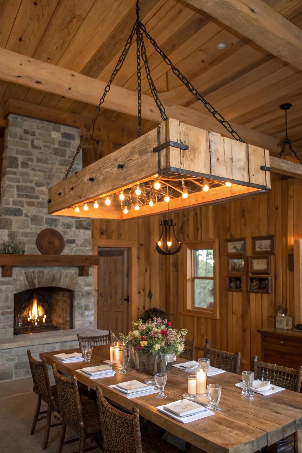 An impressive timber support luminaire enriches this dining zone with countryside sophistication.