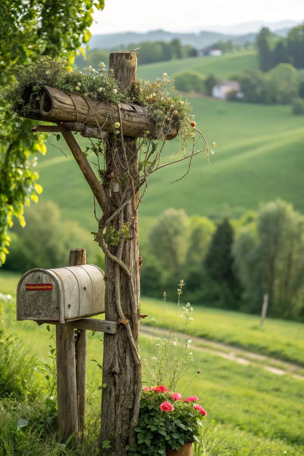 A mailbox support made from logs and branches emanates a natural, inviting appeal.
