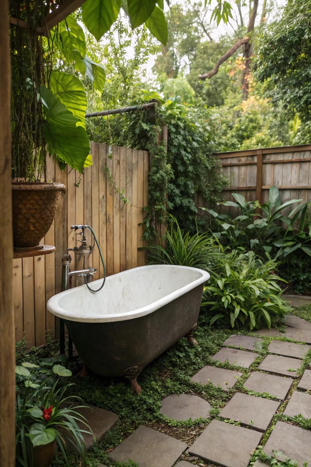 A vintage metallic soaking tub stands out as the centerpiece of this rustic outdoor setting.